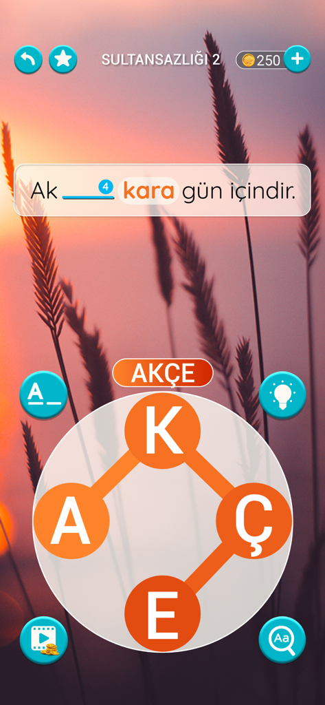 일몰 배경 위에 터키 속담 퍼즐과 글자 휠이 있는 Kelime Gezmece 2 게임 플레이 스크린샷