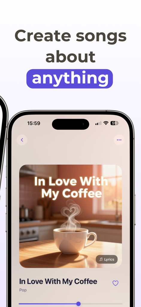 Smartphone screen showing a custom AI song titled In Love With My Coffee created with the AI Singer app