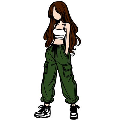 girl in baggy pants crop top and long hair