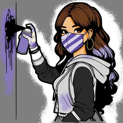 realistic girl with mask spray painting a wall