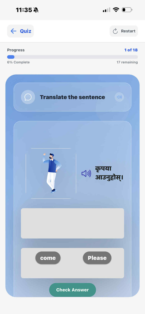 Bhasha App - Interface of the Bhasha App showing an interactive quiz to translate a Nepali sentence into English.