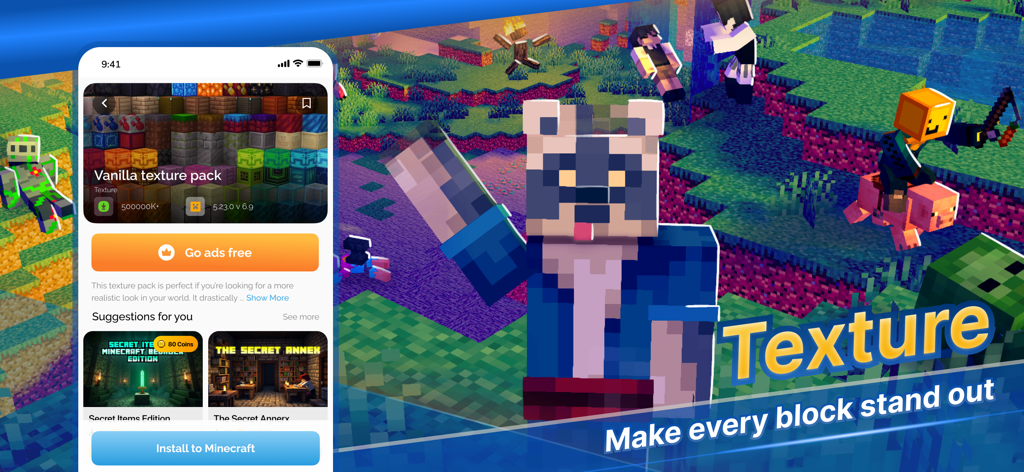 Interfaz de la app móvil que muestra un paquete de texturas vanilla para Minecraft PE con una skin de mapache al fondo