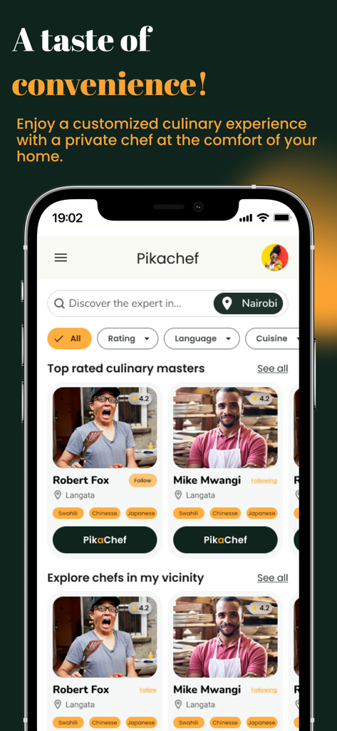 PikaBox - PikaBox mobile app screen showcasing top rated culinary masters and private chefs for hire.