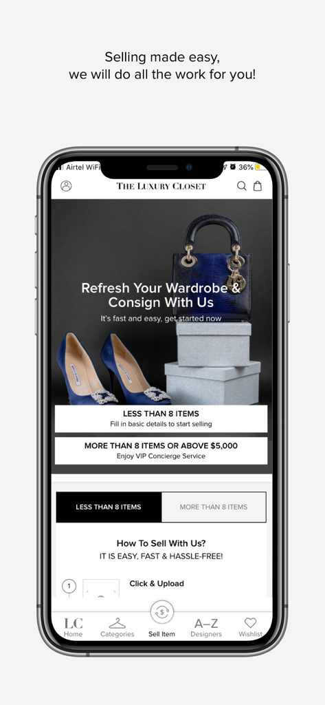 Interfaccia dell'app The Luxury Closet per la vendita e la consegna di articoli di moda di lusso.