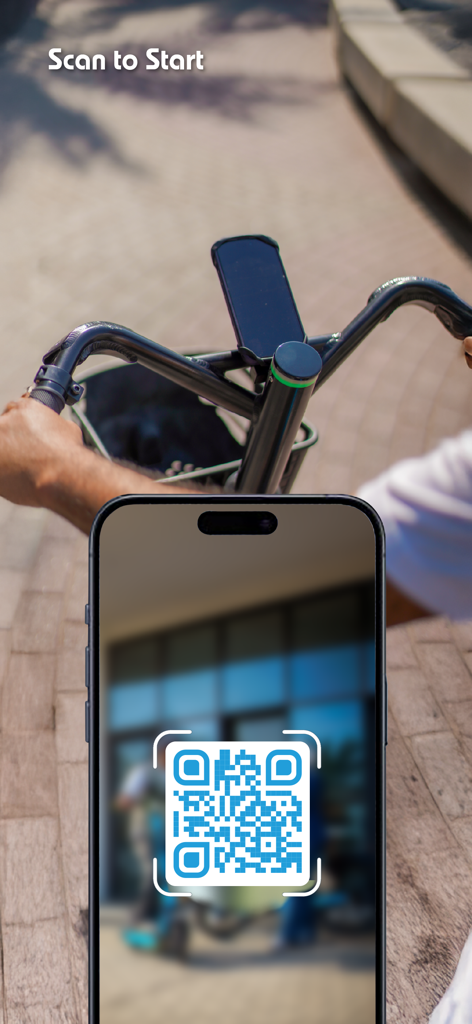 A smartphone scanning a QR code on an e-scooter handlebar to start a ride with the E-FLY app.
