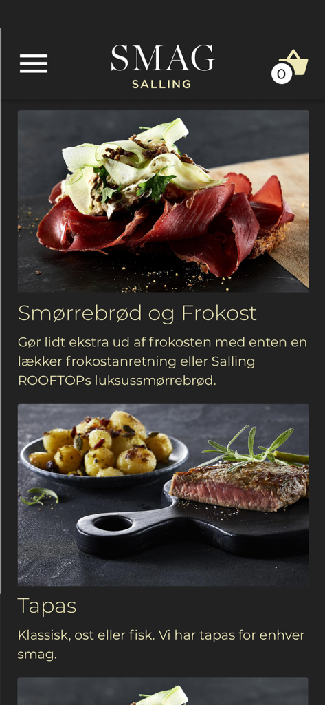 Pantalla de la aplicación SmagSalling que muestra opciones de catering gourmet para smorrebrod y tapas