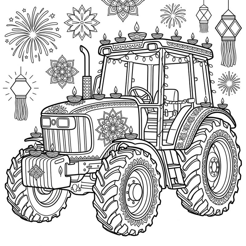 Get ready to celebrate the Festival of Lights with our special Diwali tractor coloring page! This unique design combines powerful plowing equipment with beautiful traditional decorations.