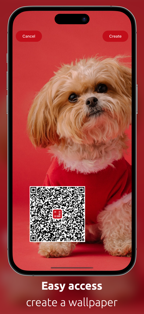 QRcard - digital business card - iPhone screen showing a custom wallpaper creation with a digital business card QR code overlaid on a photo of a dog