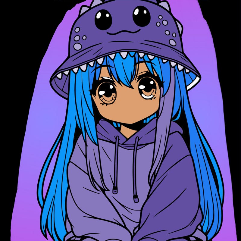 girl with anime shaped eyes with a dinosaur bucket hat oversized sweatshirt long straight hair