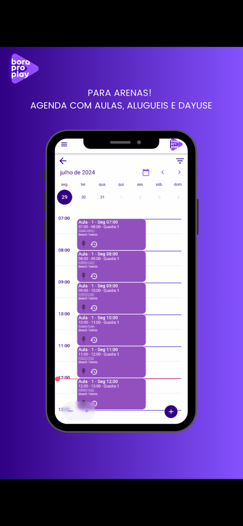 Bora Pro Play - Bora Pro Play mobile app showing an arena schedule with daily beach tennis classes and court rentals.