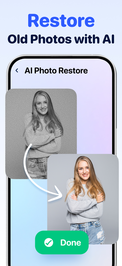 Clean Up Now: AI Cleaner - Clean Up Now app interface showing the AI photo restoration feature transforming a grainy black and white portrait into a sharp color image