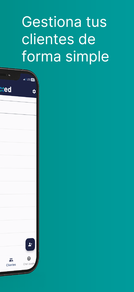 Fixed Facturación Electrónica - Pantalla móvil de Fixed Facturación Electrónica mostrando las funciones de gestión de clientes