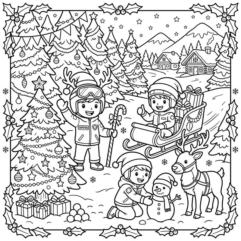 Embrace the holiday spirit with our charming Christmas Ski Patrollers coloring page, featuring brave patrollers enjoying a snowy festive scene. Discover decorated trees, playful reindeer, and delightful winter activities ready for your creative touch.