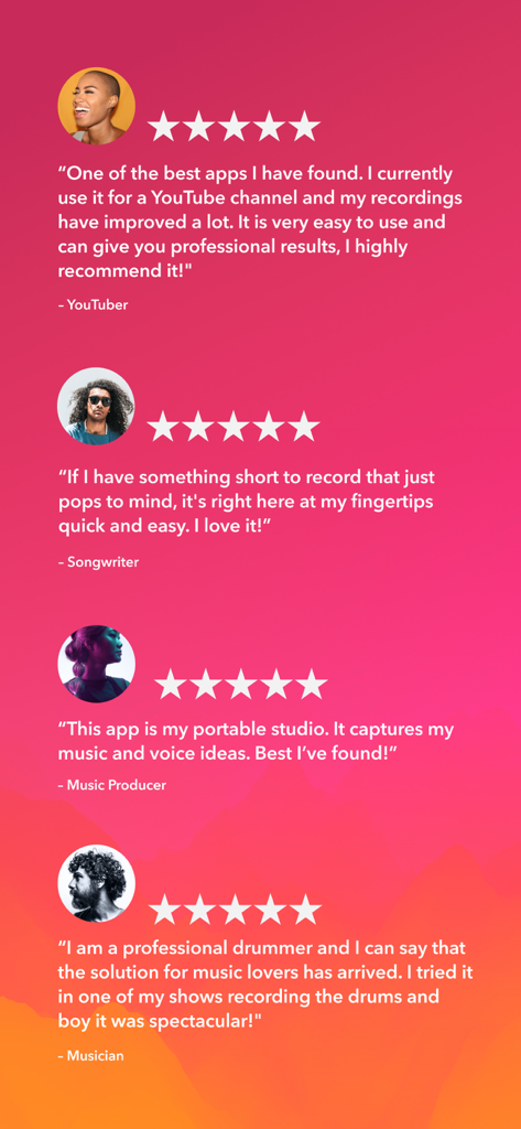 Five star user testimonials from content creators for the Dolby On recording app