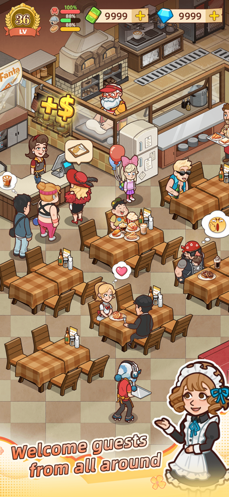 My Bakery Story-Decorate &Grow - Gameplay screenshot of My Bakery Story showing a busy restaurant with diverse customers and staff