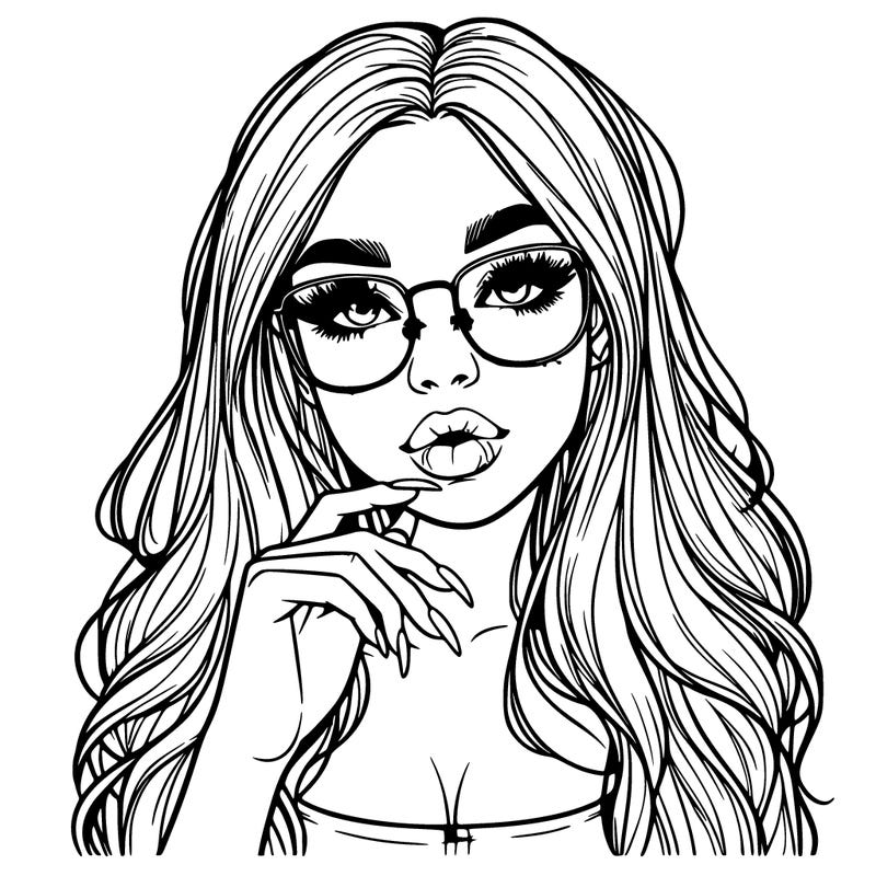 realistic girl who has freckles and glasses and long hair and long nails with big lips