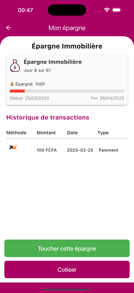 Tenbo - Tenbo app interface showing real estate savings goal progress and transaction history