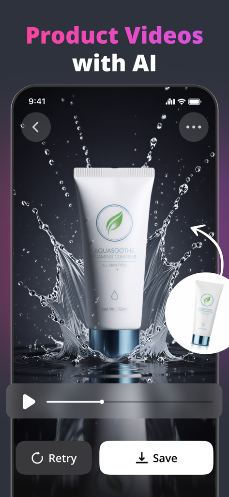 Kwik AI app interface showing an AI-generated product video of a cleanser tube with water splash effects