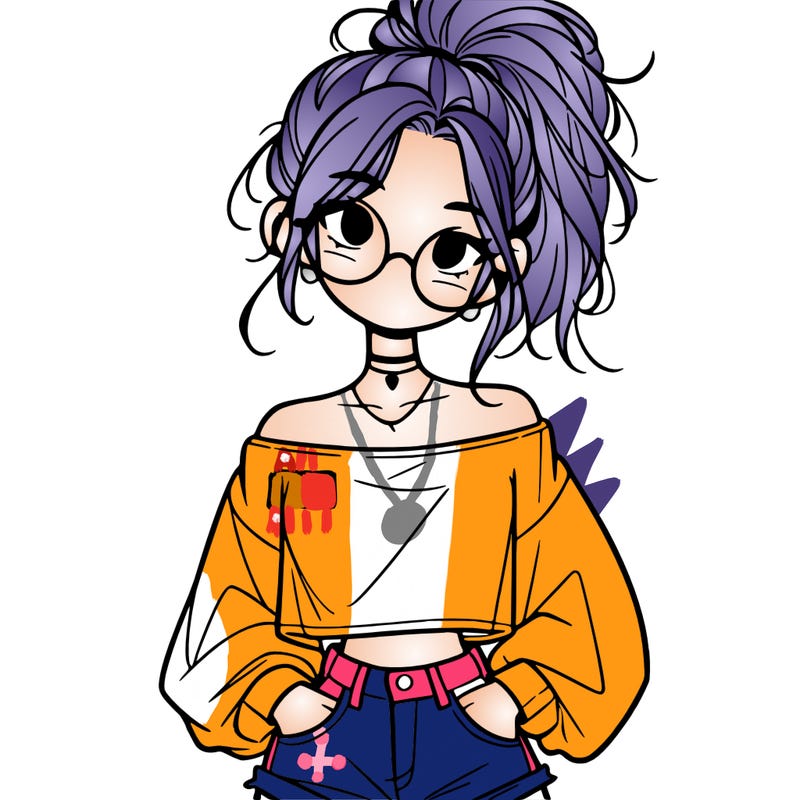 girl with a messy ponytail glasses a baggy crop top and jean shorts