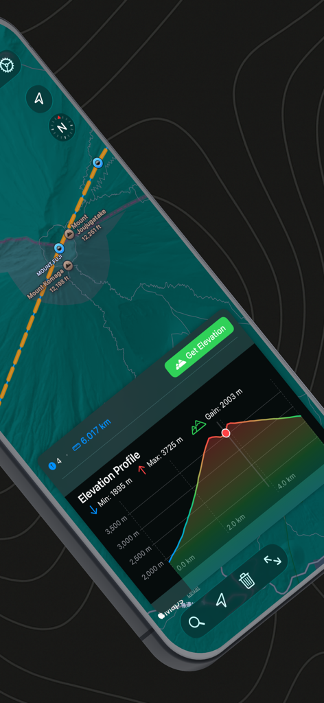 Geo Elevation: Path Analyzer - Elevation profile and map view of Mount Fuji in the Geo Elevation app