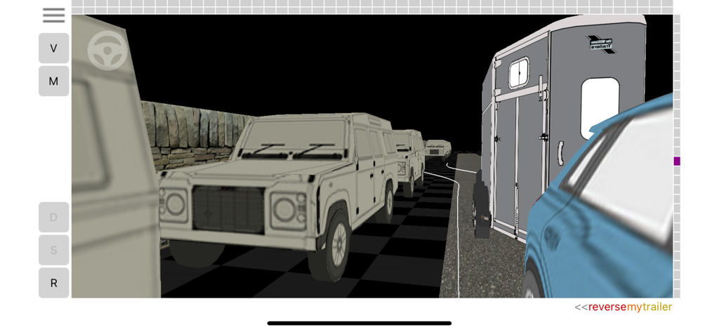 ReverseMyTrailer - A 3D simulation view of a vehicle reversing with a horse trailer in a narrow yard