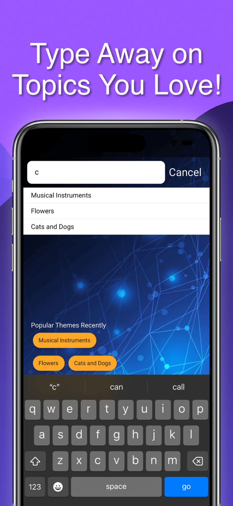 AI-Powered Typing Practice - Mobile app interface showing a search bar and suggested categories for custom typing practice topics