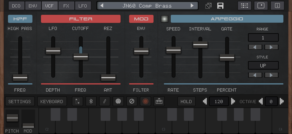 User interface of AudioKit Synth One J6 showing analog-style filters and arpeggio settings.