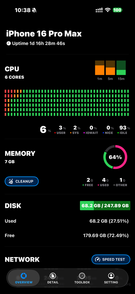 CPU-X - Dashboard of CPU-X app showing iPhone 16 Pro Max system diagnostics including CPU memory and disk usage