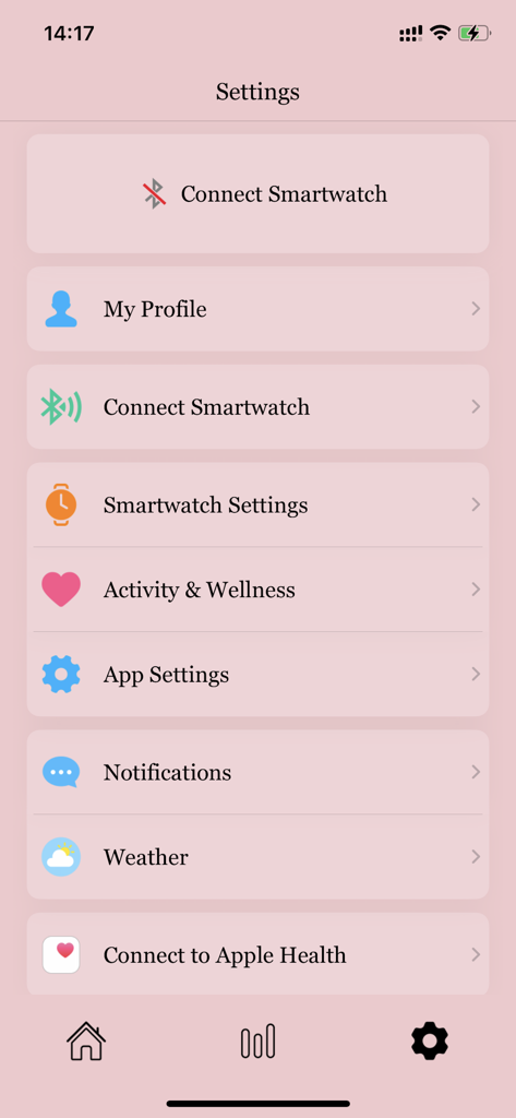 The settings menu of the Missguided Smart app showing options for device connection profile activity and apple health integration