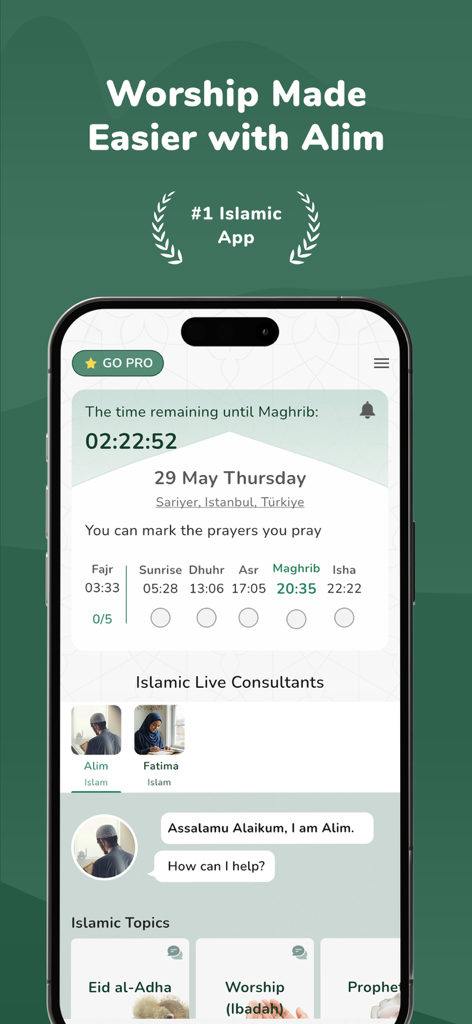 Alim: Islamic Guide, Azan, Dua - Interface of Alim Islamic app showing prayer schedules and a chat feature with an Islamic consultant