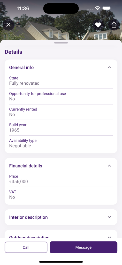 Immovlan - Detailed view of a real estate listing in the Immovlan app showing general info and financial details