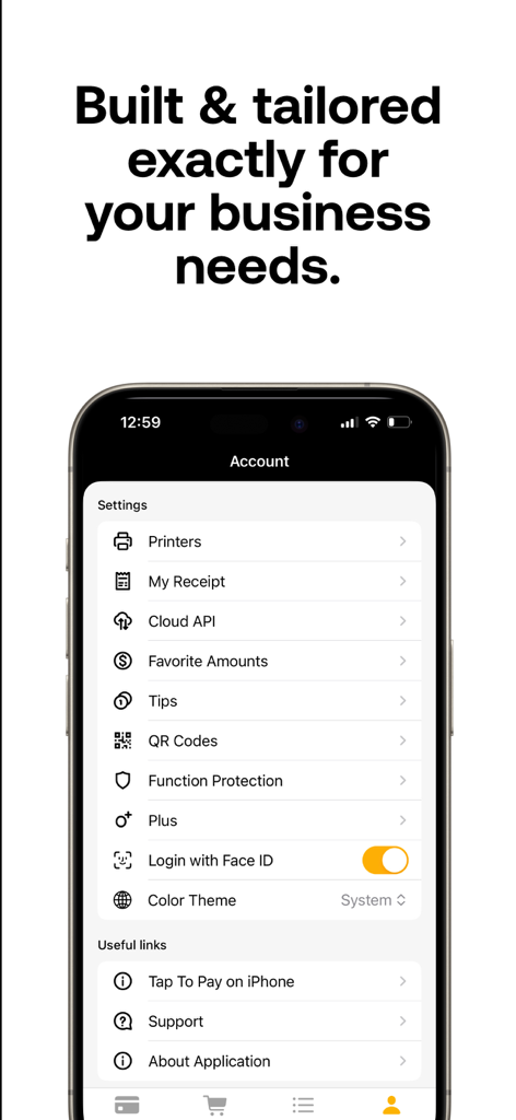 GP tom - GP tom App-Einstellungen auf einem iPhone, die Optionen für Trinkgelder, Belege und Tippen zum Bezahlen anzeigen.