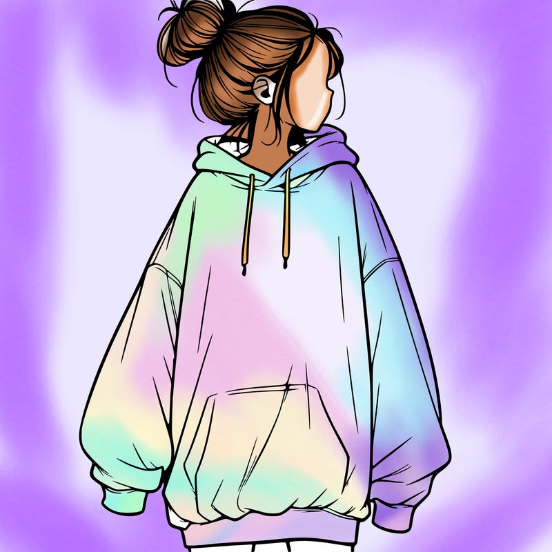 realistic girl with a oversized sweatshirt on and a bun