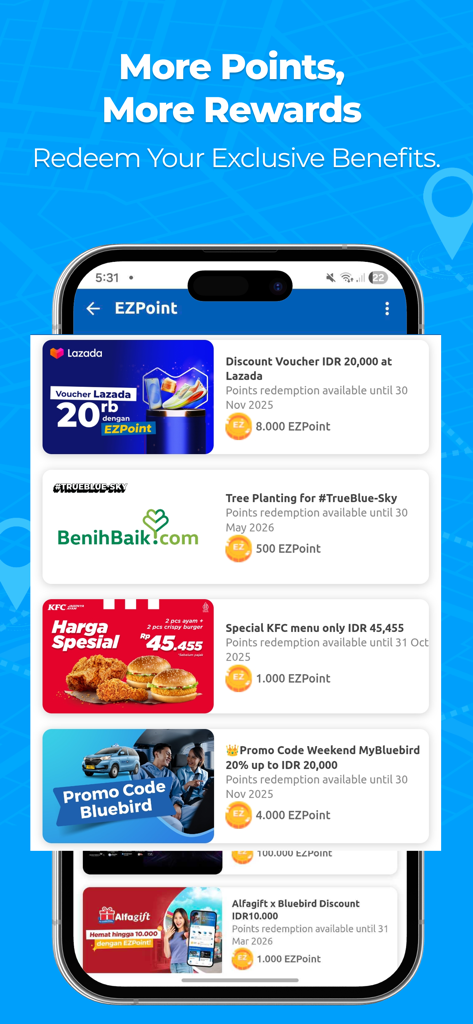 MyBluebird app screen showing the EZPoint loyalty program rewards including shopping vouchers and taxi ride discounts