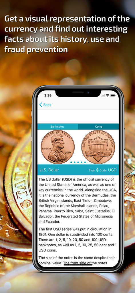 Mobile app screen showing US dollar history and coins