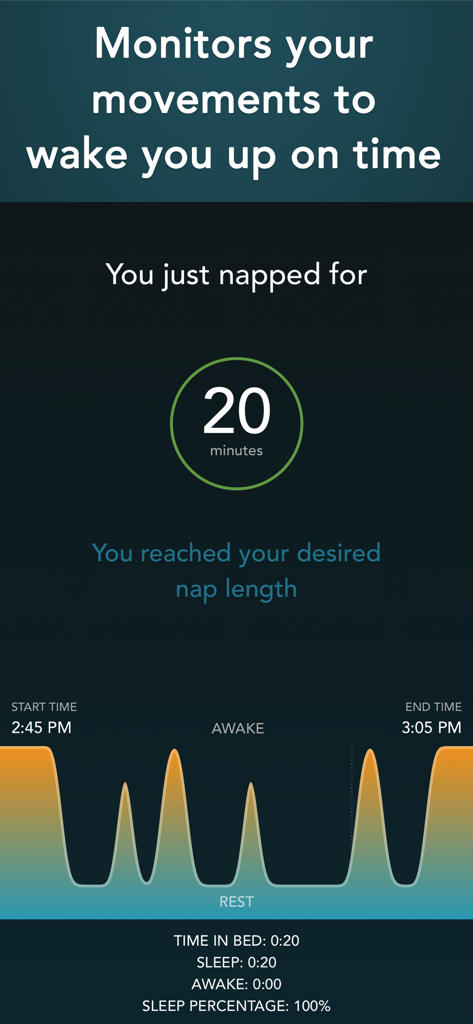 Power Nap Tracker: cycle timer - A sleep tracking app interface displaying a 20 minute nap summary and a movement cycle graph