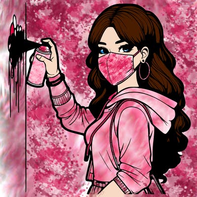 realistic girl with mask spray painting a wall