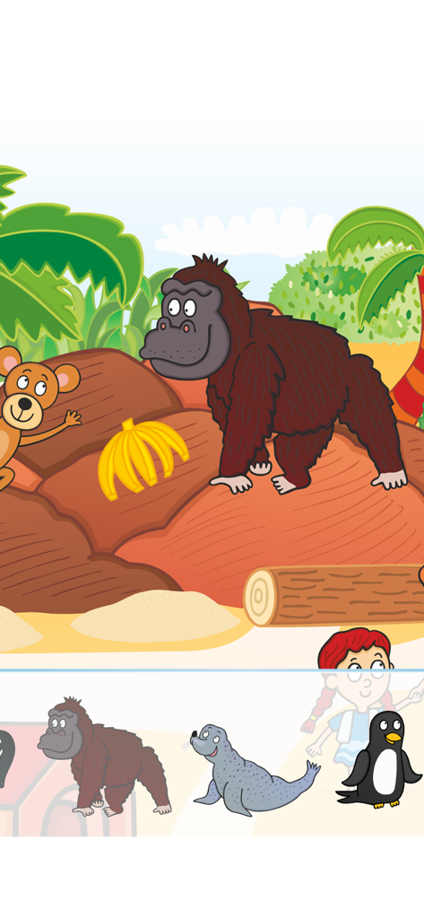 A preschool educational game screen showing a gorilla and animal selection options for toddlers