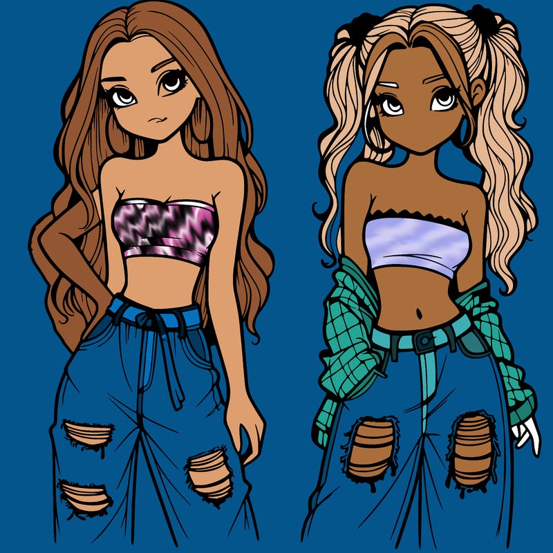 2 girls in crop tops and baggy jeans ripped