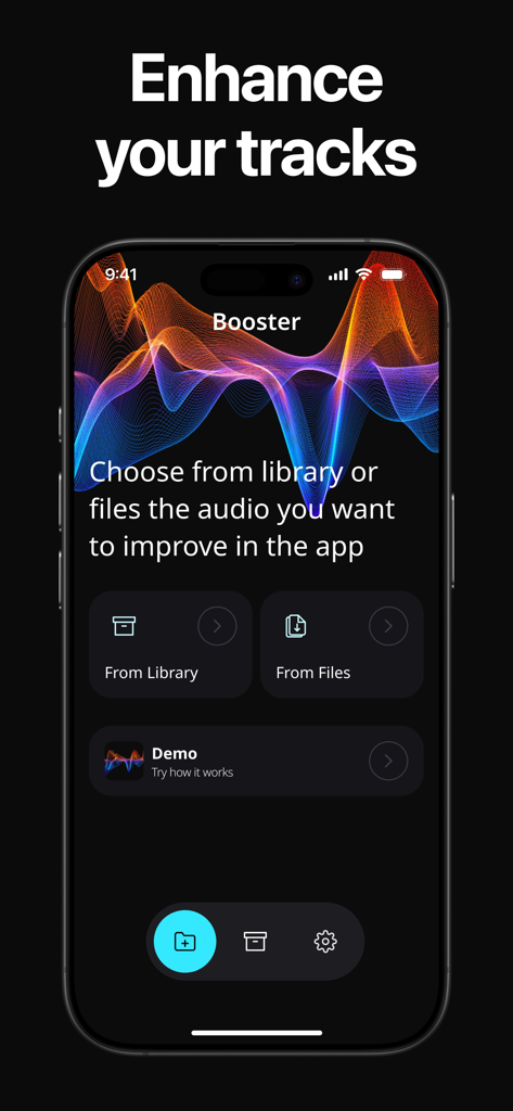 Interface de l'application Bass Booster montrant des options pour importer des fichiers audio depuis la bibliothèque ou des fichiers pour l'amélioration.