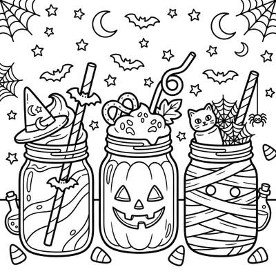 Get into the Halloween spirit with this adorable coloring page featuring three spooky yet sweet yogurt smoothies. Adorned with witches' hats, pumpkins, and a cute mummy cat, it's perfect for festive coloring fun.