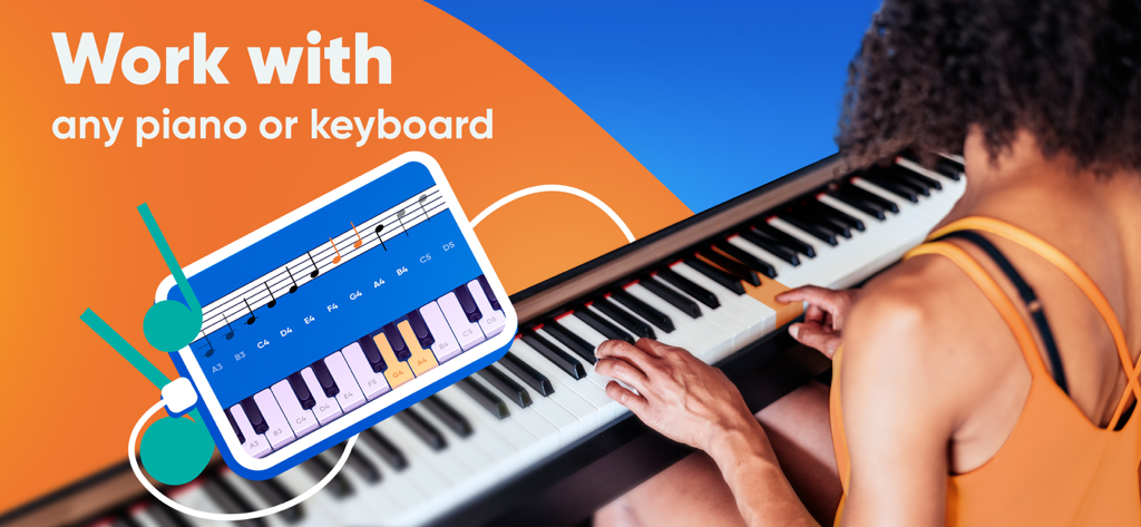 Piano Way - Learn to Play - A woman using the Piano Way app to learn how to play on a digital keyboard