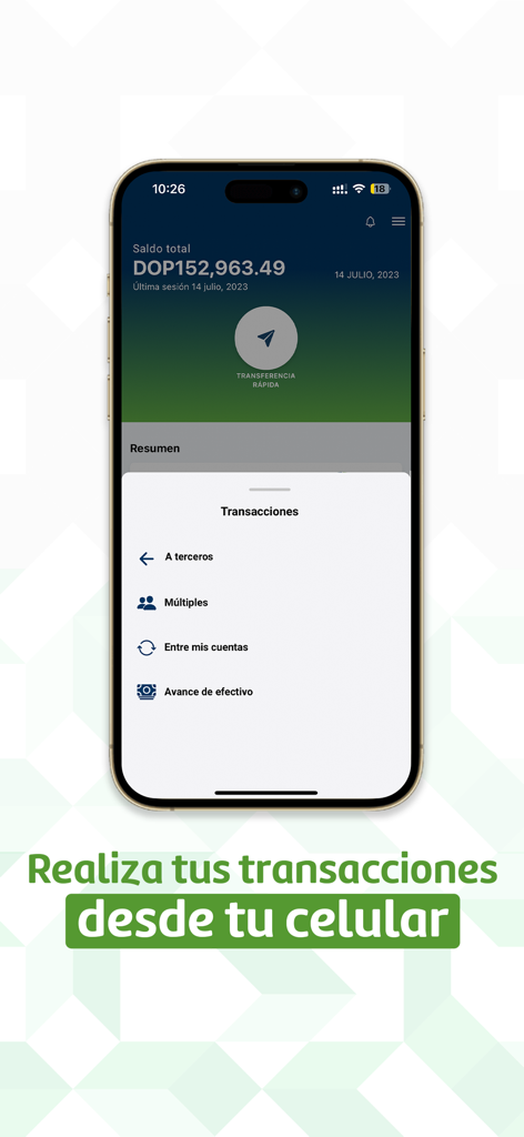 Abonap - Interfaz de la aplicación de banca móvil Abonap que muestra el saldo de la cuenta y las opciones de transacción