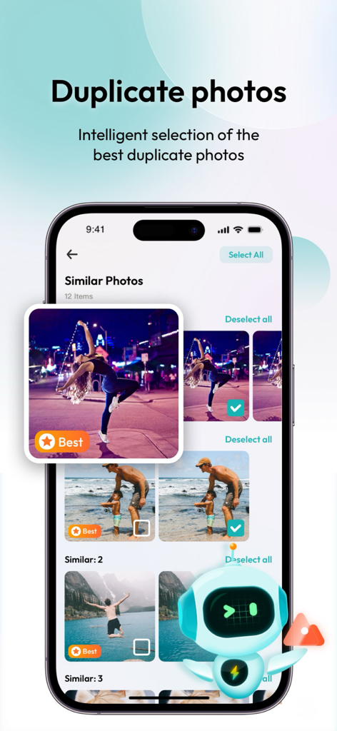 スマホクリーナーアプリのインターフェース。ストレージ容量を解放するために重複写真インテリジェント選択画面が表示されている。