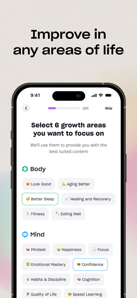 Mindvalley app onboarding screen showing a list of personal growth areas to select for body and mind improvement.