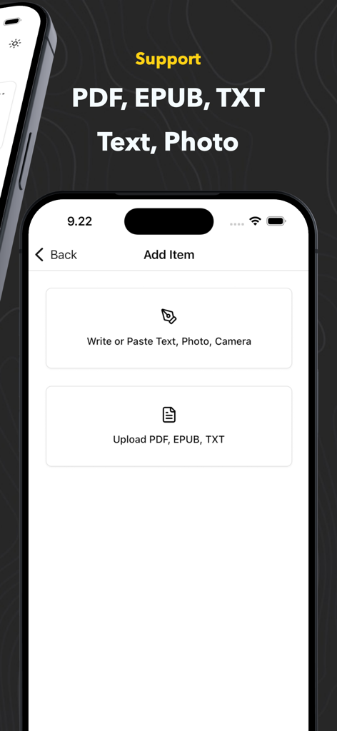 AI Reader: Read Aloud Pdf Book - Interface da aplicação AI Reader a mostrar suporte para carregamento de texto de PDF, EPUB, TXT e fotos