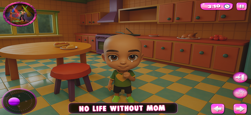 Un personaje infantil de dibujos animados triste llorando en un entorno de cocina 3D del Juego Simulador de Bromas de Madrastra