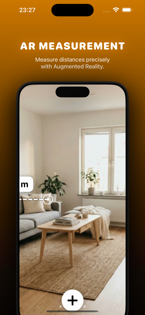 リビングルームでの距離測定にARchitectアプリのAR測定機能が使用されているインターフェース