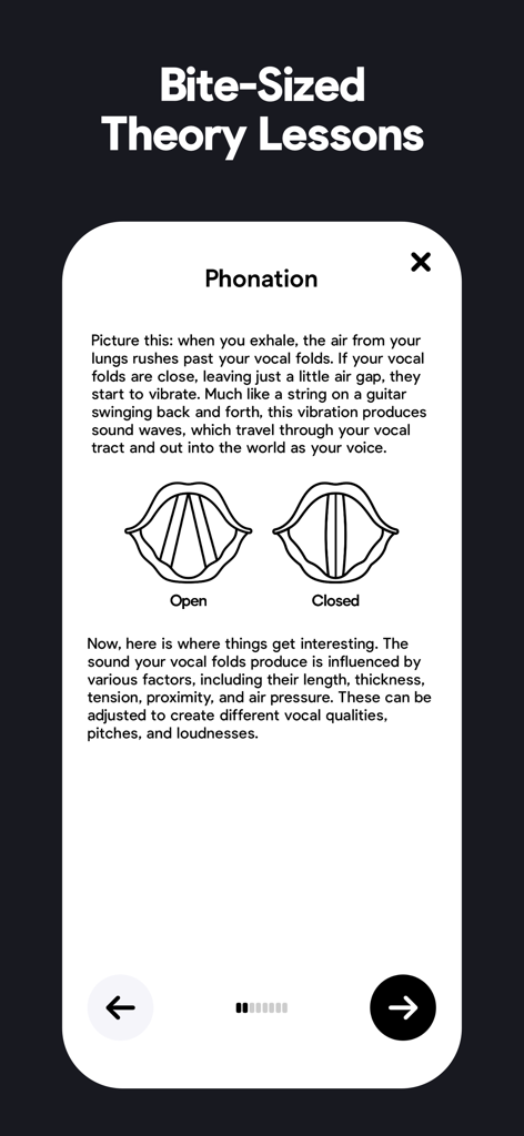 Vocalista: Learn to Sing - A bite-sized theory lesson in the Vocalista app explaining phonation with diagrams of open and closed vocal folds.