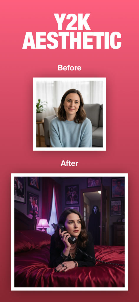 Before and after comparison of a photo using the Y2K aesthetic AI filter